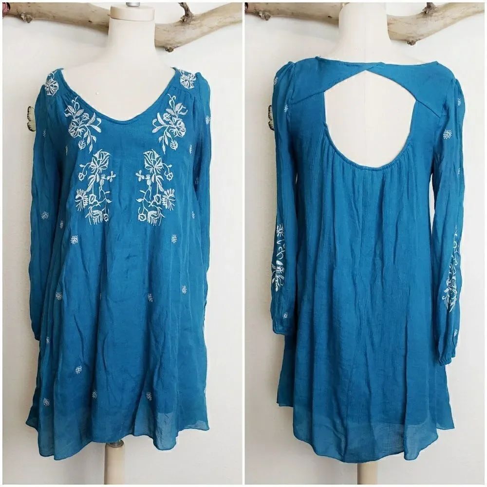 Rebellion blue boho embroidered mini dress tunic
